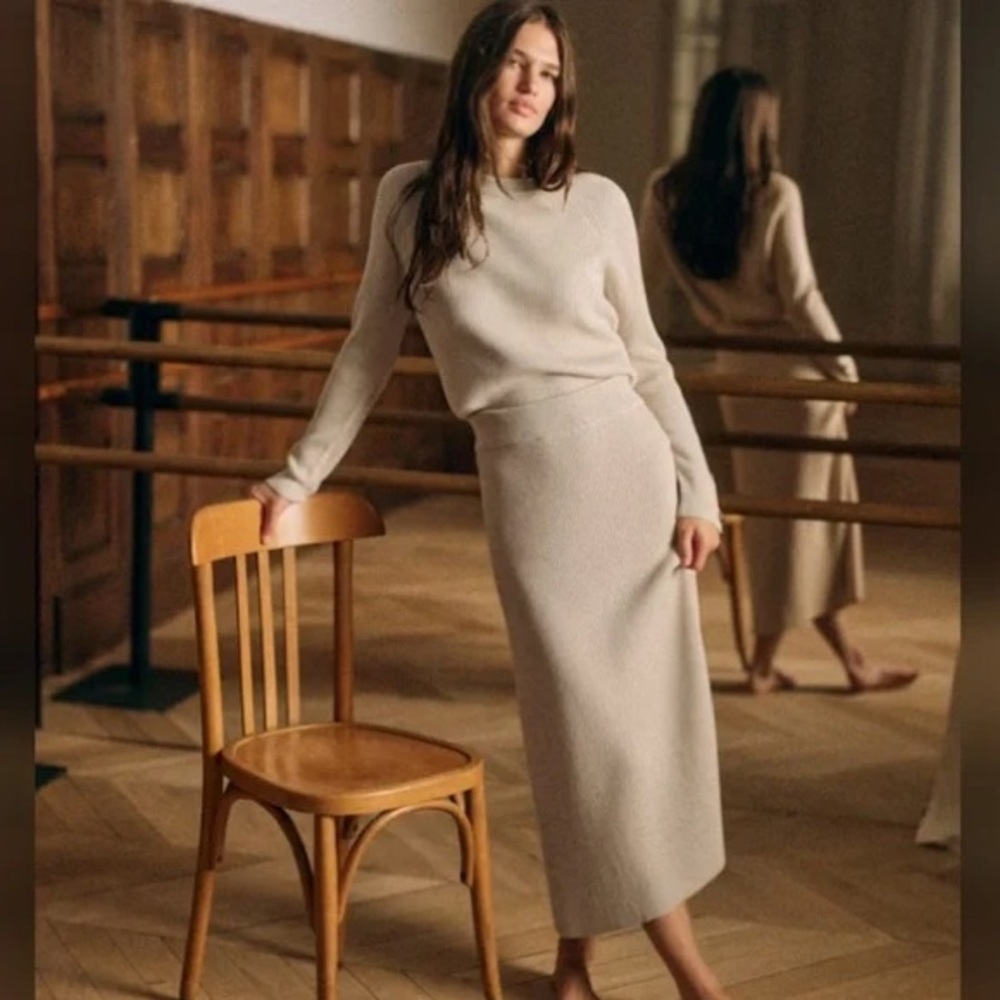 Sezane Cream Ribbed Knit Midi Skirt
